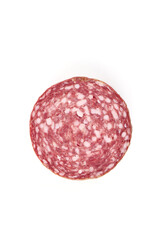 Salami slice, cured meat, isolated on white background