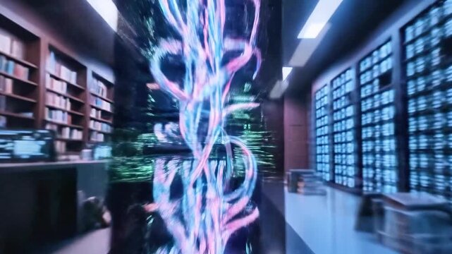 Server room with fiber optic cables, glowing lights, and data storage systems