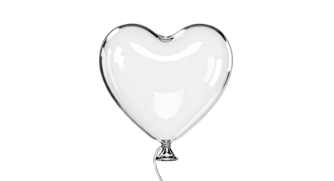 A clear, transparent, heart-shaped balloon floating against a plain white background, symbolizing love and lightness.