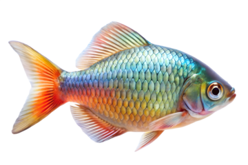 Vibrant iridescent rosy barb fish with colorful scales and fins swimming, isolated on transparent background