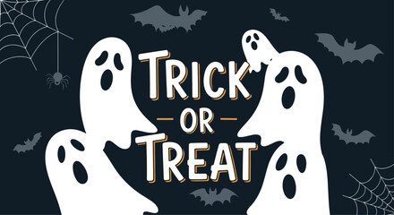 Spooky Halloween banner with 'Trick or Treat' lettering surrounded by cute cartoon ghosts bats and webs on a dark background.