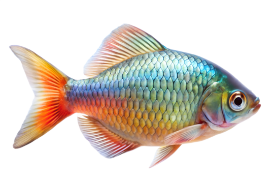Vibrant iridescent rosy barb fish with colorful scales and fins swimming, isolated on transparent background