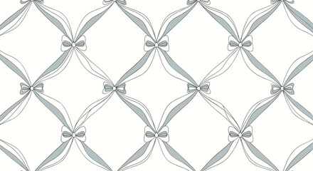 Elegant seamless lattice pattern created with intertwined ribbons and delicate bows in a sophisticated grey-blue and white palette.