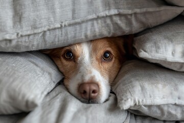 a dog hidding under a pile of pillows