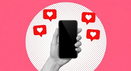Hand holding a black smartphone with a blank screen, surrounded by floating red heart icons, symbolizing social media engagement and digital connection on a vibrant pink background