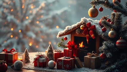 Warm and magical Christmas scene filled with glowing candlelight, wrapped gifts, festive decorations, and a snowy forest view through the window, creating a cozy and enchanting holiday atmosphere.