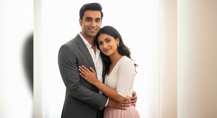 elegant Indian couple stands closely embraced, dressed in formal attire and radiating warmth and affection in a softly lit setting.