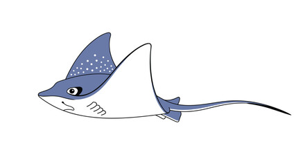 Cute cartoon illustration of a blue and white eagle ray or stingray swimming gracefully isolated on a clean white background.