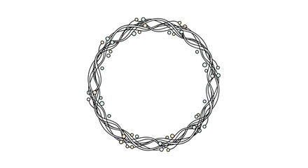 Minimalist circular wreath frame made of delicate intertwined black lines and decorated with small colorful dots for text.