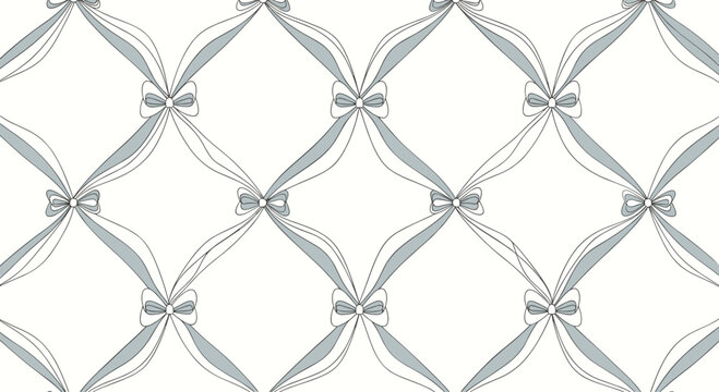 Elegant seamless lattice pattern created with intertwined ribbons and delicate bows in a sophisticated grey-blue and white palette.