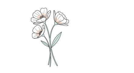 Delicate hand-drawn bouquet of three flowers in a minimalist line art style with soft pastel pink and green color accents.