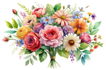 Beautiful watercolor bouquet of assorted fresh flower bloom with lush green leaf and stem tied together, isolated on transparent background