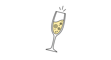 Simple and celebratory line art illustration of a tilted champagne flute with golden sparkling wine and bubbles for a toast.