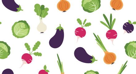 Seamless pattern of fresh and healthy farm vegetables including eggplant cabbage radish and onion on a clean white background.