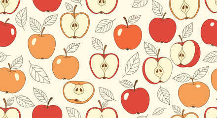 Seamless autumn fruit pattern with red and orange apples whole and halved with leaves on a light cream-colored background.
