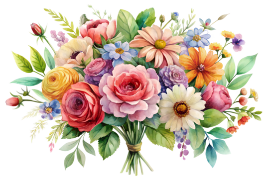 Beautiful watercolor bouquet of assorted fresh flower bloom with lush green leaf and stem tied together, isolated on transparent background - Powered by Adobe