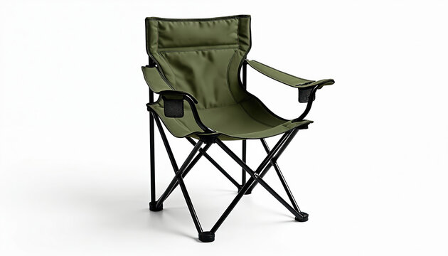 Foldable green camping chair with armrests and cup holders. Lightweight portable seat for outdoor activities, travel, beach, or sporting events. Easy setup for comfort anywhere. - Powered by Adobe