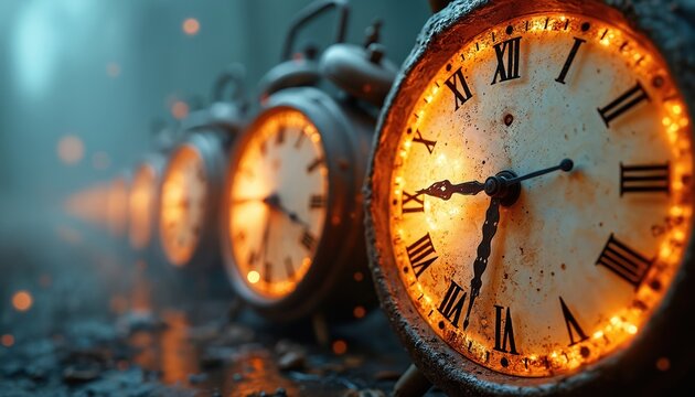 Row of clocks shows time flowing. Vintage watches stand on table. Concept for deadline business urgency. Passage of time future perspective, transience of life. Abstract background with clocks.
