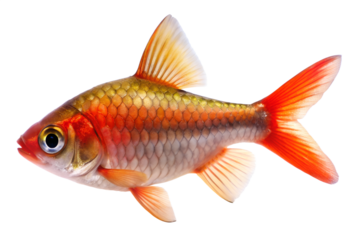Closeup studio shot of a vibrant red and gold rosy barb fish swimming, isolated on transparent background