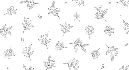 Seamless and delicate pattern of small hand-drawn botanical branches with leaves and berries in a simple monochrome outline.