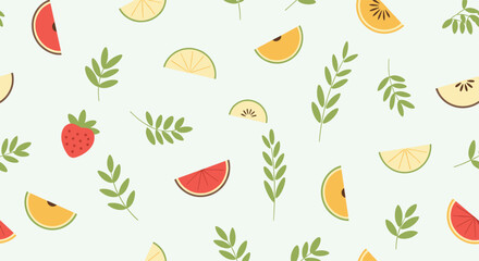 A fresh and healthy seamless summer pattern with various fruit slices like watermelon and kiwi with green leaves on a background.