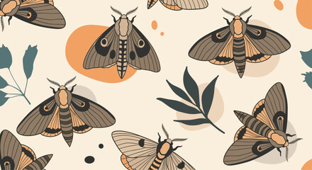 A beautiful seamless bohemian pattern with detailed moths and botanical leaves in a trendy and muted earthy color palette.