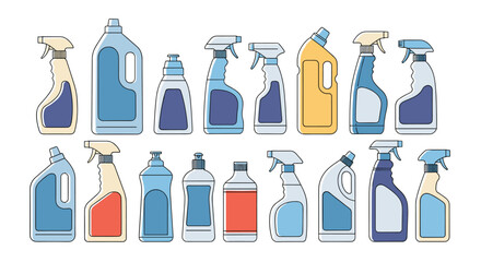 Large set of household cleaning supply containers and spray bottles in a simple and colorful line art vector illustration style.