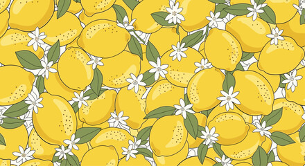 A vibrant and fresh seamless pattern completely filled with bright yellow lemons green leaves and delicate white lemon blossoms.