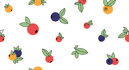 A simple and minimalist seamless pattern of colorful stylized berries and green leaves scattered on a clean white background.