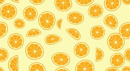 A refreshing and vibrant seamless pattern of fresh orange fruit slices in various sizes on a bright light yellow background.