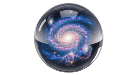 A clear glass sphere containing a vibrant spiral galaxy with swirling arms and bright stars, set against a dark cosmic background.