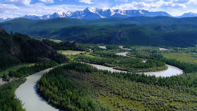 view of the Chuya meanders from above - the curves of the Chuya River, Altai, Russia