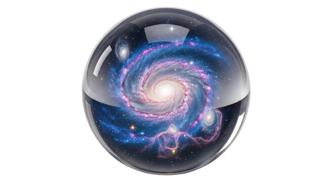 A clear glass sphere containing a vibrant spiral galaxy with swirling arms and bright stars, set against a dark cosmic background.