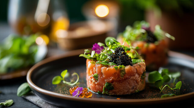 High-end restaurant pass with fish tartare plated in ring mold, microgreens and caviar, refined culinary scene, with copy space