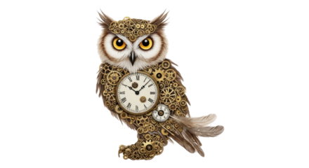 A detailed steampunk owl illustration crafted from intricate gears, cogs, and clock mechanisms, featuring a prominent clock face on its chest.