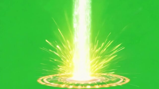 Vertical Yellow Energy Beam Strike on Green Screen. Sci-Fi Laser Pillar Animation for Action and Game VFX.