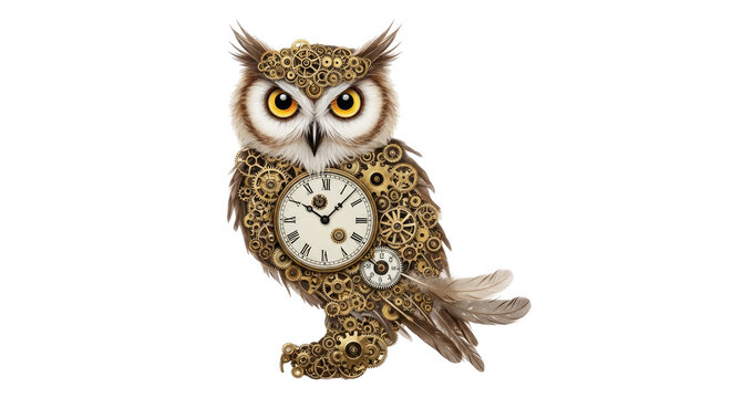 A detailed steampunk owl illustration crafted from intricate gears, cogs, and clock mechanisms, featuring a prominent clock face on its chest.
