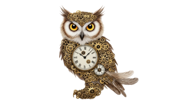 A detailed steampunk owl illustration crafted from intricate gears, cogs, and clock mechanisms, featuring a prominent clock face on its chest.