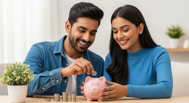 A couple joyfully saves money together by placing coins into a piggy bank, symbolizing financial planning and teamwork.
