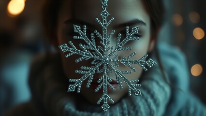 Mysterious winter portrait of a person behind a sparkling crystal snowflake ornament, softly lit with warm bokeh lights and wrapped in a cozy knit sweater, creating a dreamy and atmospheric cold-seaso