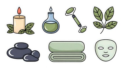 Spa and Wellness Icons – Aromatherapy Candle, Essential Oils, Jade Roller, Massage Stones, Herbal Leaves, Towel, and Face Mask Illustration