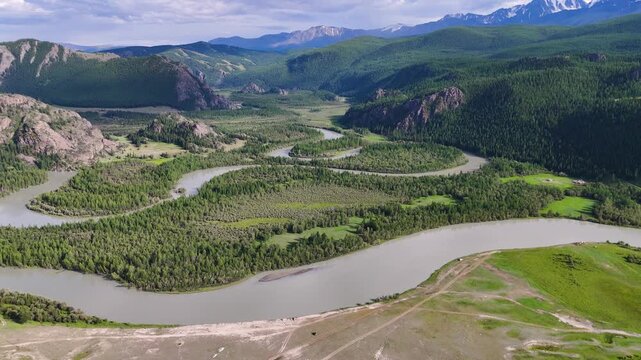 view of the Chuya meanders from above - the curves of the Chuya River, Altai, Russia