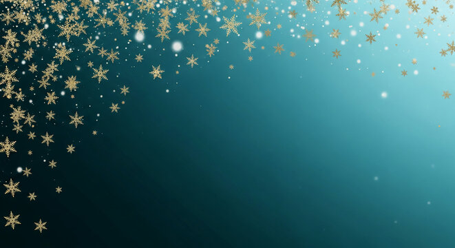 Image of gold snowflake and dot patterns on gradient teal background, suggesting winter, celebration, and festive mood with free space for text or design