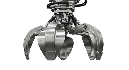 A close-up view of a heavy-duty hydraulic grapple attachment, featuring multiple robust metal claws designed for industrial material handling.