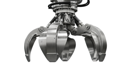 A close-up view of a heavy-duty hydraulic grapple attachment, featuring multiple robust metal claws designed for industrial material handling.