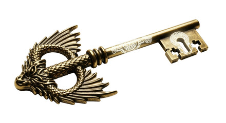 An intricately designed antique brass key featuring a detailed dragon with outstretched wings forming the handle, isolated on white.