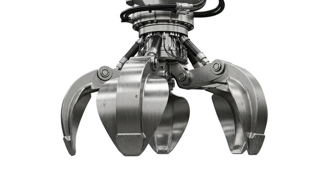 A close-up view of a heavy-duty hydraulic grapple attachment, featuring multiple robust metal claws designed for industrial material handling.