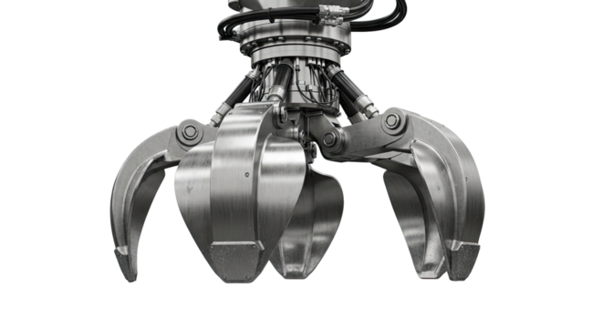 A close-up view of a heavy-duty hydraulic grapple attachment, featuring multiple robust metal claws designed for industrial material handling.