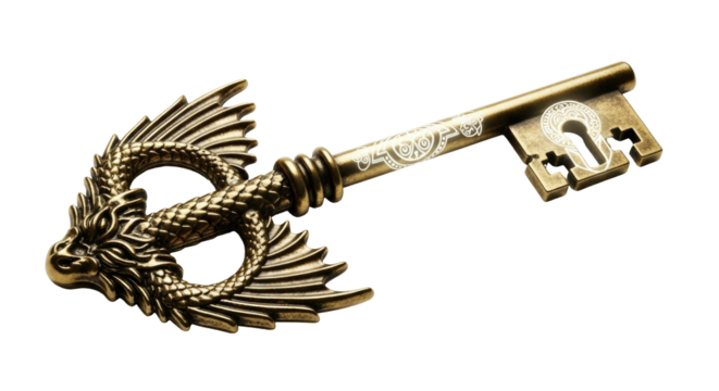 An intricately designed antique brass key featuring a detailed dragon with outstretched wings forming the handle, isolated on white.