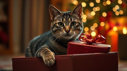 A festive Christmas scene featuring a cute tabby cat sitting beside a beautifully wrapped gift box with soft holiday lights glowing warmly in the background